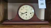 Full front view of the vintage Seth Thomas Westminster chime mantel clock showing the entire clock body and face