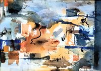 Close-up view of the abstract watercolour painting showing brush strokes, colour details and signature.