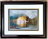 Full view of framed print showing outer wood frame, mat and glass