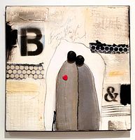 Full frontal view of painting showing composition, mixed-media textures and tones