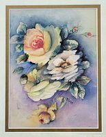 Close-up of the original watercolour floral still life painting showing detailed flowers including a pink and yellow rose, white flowers and rosebuds with green leaves on a blue-purple background.