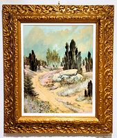 Full view of the framed oil painting, showing ornate gold frame and landscape artwork with winding dirt path and trees.
