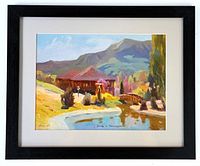 Framed full view of the painting showing the black frame, white mat, and the colorful landscape painting inside.