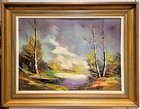 Full frontal view of oil painting in wood frame