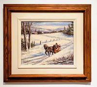Frontal view of the framed winter landscape oil painting signed by artist Yvon Bousquet, showing entire piece with wood frame and cream matting.