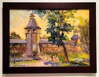 Full front view of painting in dark brown wood frame