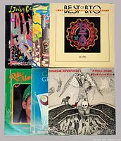 Photo showing all six vinyl record covers stacked, including BTO, Lighthouse, Rita Marley, Cat Stevens, In Living Color, and Argelic Upstarts albums.