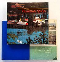 Front cover of three Canadian art books showing colorful dust jacket on Passionate Spirits and covers of the other two books.