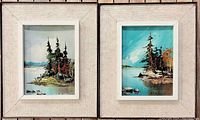 Two matching framed vintage original oil paintings by H. L. Koller featuring impressionist lakeside landscapes with trees and rocks.