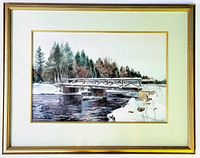 Full view of the watercolor painting in its gold painted wood frame, matted and under glass, showing the bridge over a river scene with trees and snow.