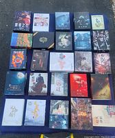 Photo showing all 25 boxed games in a grid, mostly Chinese titles and artwork visible, on a blue fabric surface outdoors.