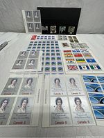 Full lot of new unhinged Canadian stamps, including several sheets and blocks, laid out on a flat surface.