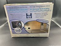 Box front showing brand Humidex and features like exhausts pollutants, improves air quality, controls humidity, expels odors, for garage sizes up to 750 sq ft.