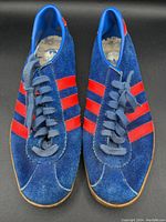 Top view of the pair of vintage blue suede adidas Gazelle sneakers with red stripes and blue laces, showing overall condition and style.