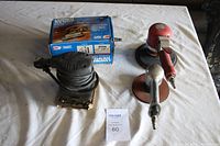 Lot containing four sanders: Campbell Hausfeld Jitterbug in original box, Continental red dual action air sander, Continental 5" high speed air sander, and Talon electric orbital sander.