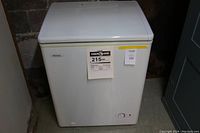 Front view of the white Danby chest freezer with Energy Guide label visible.