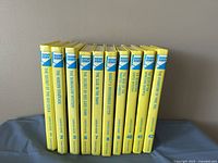 Spine view showing 10 Nancy Drew books with yellow spines and blue-white series label