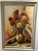 Full view of framed oil painting showing the floral still life composition with chrysanthemums in a vase.