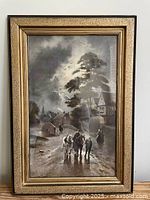 Full view of the framed painting showing the full rural village scene with figures and horses on a road.