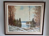 Full view of the framed oil painting of a Canadian landscape depicting trees, lake, and sky.