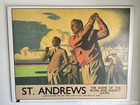 Full view of St. Andrews golf poster showing three golfers in vintage attire in front of a clubhouse.