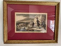 Full image of the framed antique print showing the overall piece including the gold frame and red matting.