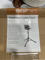 Photo of the product label showing features and specifications of Auray Tripod Base Laptop Stand LTS-ST.