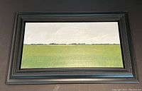 Framed painting, full frontal view showing green field and gray sky in black wood frame