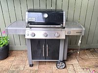 Full front view showing hood, control panel, side shelves, cabinet doors and wheels