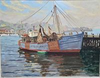 Close-up view of the fishing boat on water with reflections, showing oil paint texture and scene details.