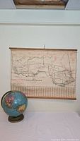 The full view of the vintage globe and the F.P. Lloyd's map of Northern Ontario hung on the wall, showing geographic details and dealer information.