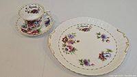 Tea cup, saucer, and 10-inch serving plate with floral anemone design and gold accents