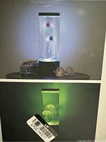 Photo of the jellyfish lamp turned on emitting white and blueish light with two jellyfish visible inside cylindrical water chamber. Lamp sits on a black base.