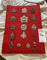 A red felt display with 18 metal military cap badges arranged in rows. Badges include various regiments such as Canadian Scottish Regiment, Canadian Scottish, Royal Canadian Infantry, 48th Highlanders, and others.