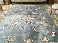 Full-length view of rug flat on floor showing central medallion and overall pattern