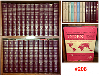 Full shot of 23 vintage Encyclopedia Britannica volumes in maroon leatherette bindings on wooden shelf with gold embossed titles and designs on spines.