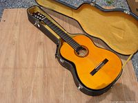 Front view of Fender FC-10 classical guitar in open hard case showing spruce top and rosette.