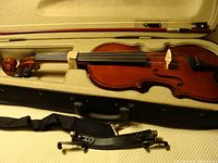 Open hard case showing violin, bow and shoulder rest