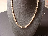 Full view of the pearl necklace on display stand showing the entire length and pearl consistency.