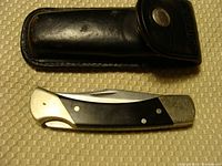 Folding pocket knife folded, showing overall shape and sheath included