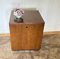 Closed solid wood cube-shaped box with flat top and circular pull hole on front panel.