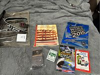 Clear Betsy Johnson bag with black strap, multiple used books including 'Easy Baking Contest Winners 2010', 'Guinness World Records 2015', '100 Most Awesome Things on the Planet', 'World's Dumbest Laws', a Bee playing cards box, dark socks in packaging, and a head massager with metal prongs on a grey blanket.