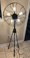 Full view of floor lamp with black metal frame shaped like a fan cage, five Edison bulbs arranged in place of fan blades, and tripod legs.
