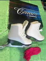 White fleece-lined Jackson Cameo figure skates with box and red skate guard