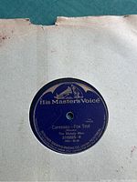 Blue label close-up of 'Caresses - Fox Trot' single from His Master's Voice label with gramophone dog logo, label number 218623-B.