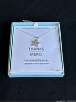 Sterling silver necklace with star pendant inside light blue box with card reading 'Thanks Merci'.