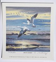 Full frontal photo of the print showing snow geese flying over water at sunset with signature and numbering visible.