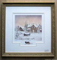Framed 'Home for Christmas' limited edition print showing winter scene with horse-drawn sleigh, ornate gold wood frame, double acid-free matting with gold triple line, signed and numbered by Gerard Topolinsky.