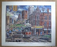 Full view of the print showing streetcar on Queen St. West and Spadina with surrounding buildings and street scene