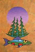 Close-up of stylized salmon and trees against amber background